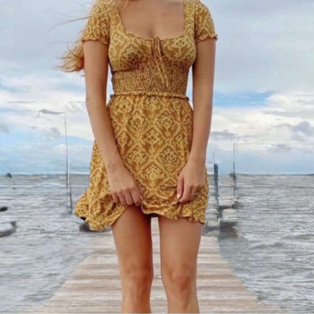 Women’s Dress Medium Retro Empire Waist Short Sleeve Mini Floral‎ Smock Babydoll